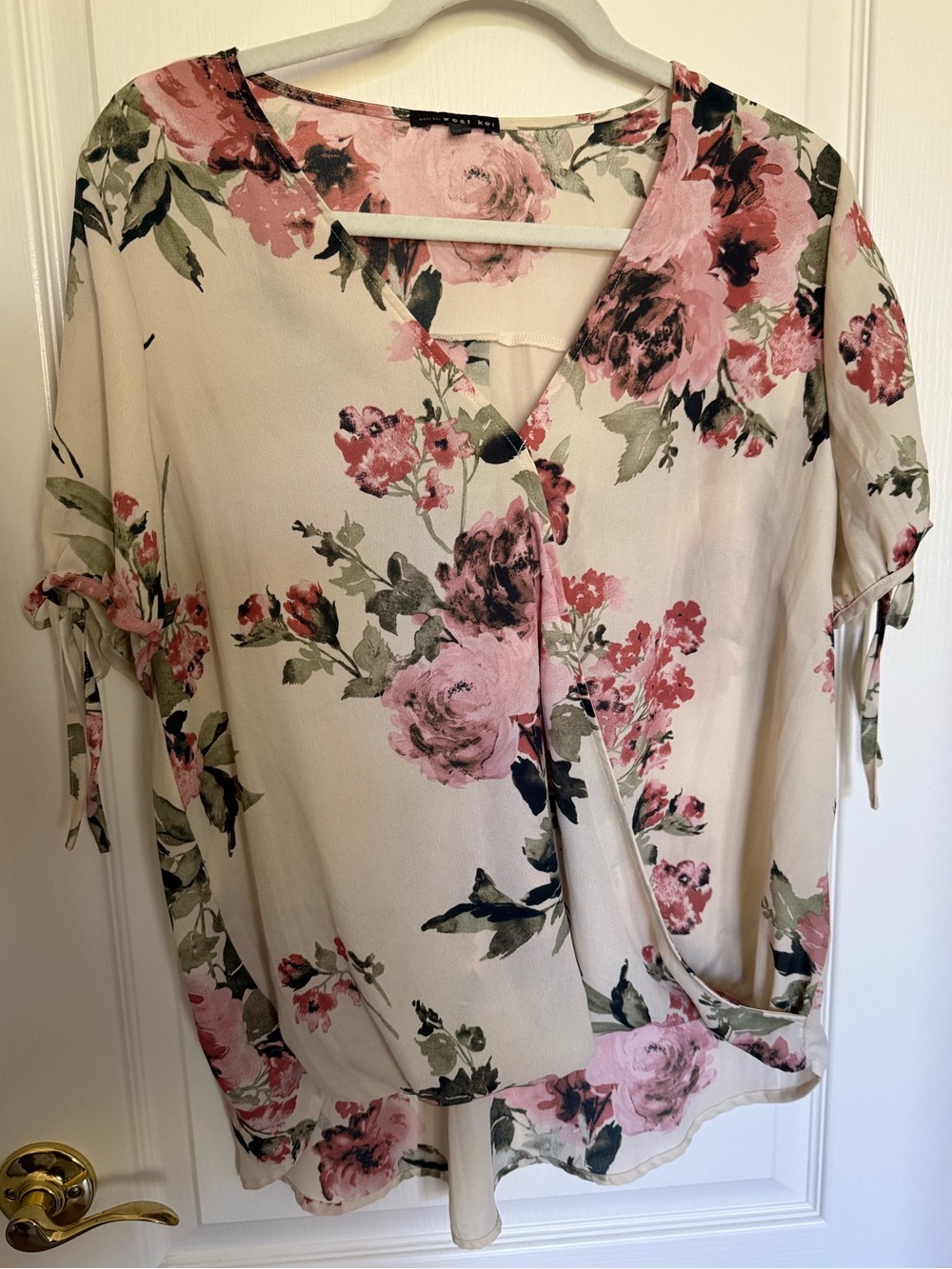 West Kei Cream Floral Faux Wrap Blouse with Pink Roses